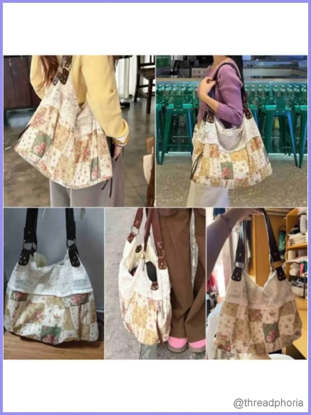 Polka Dot Lace Hobo Tote Bag Women Slouchy Shoulder Purse Floral Vintage